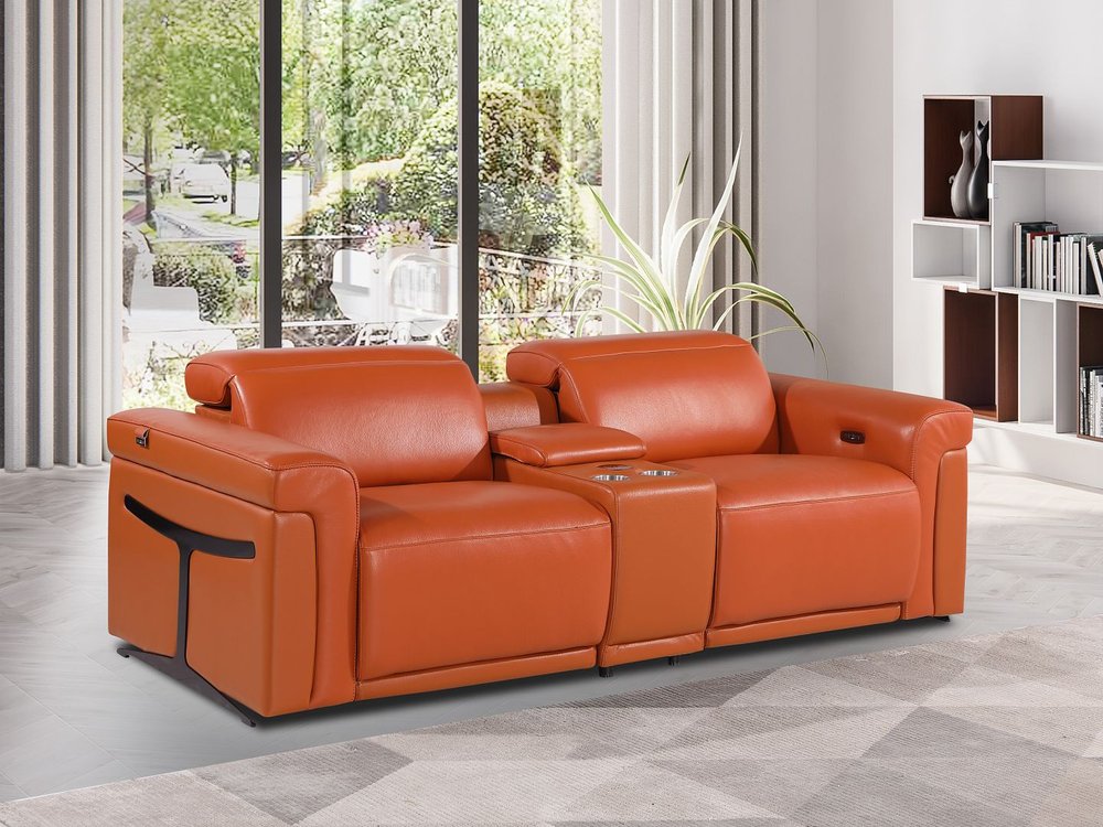 86" Orange and Black Italian Leather Power Reclining Loveseat With Storage