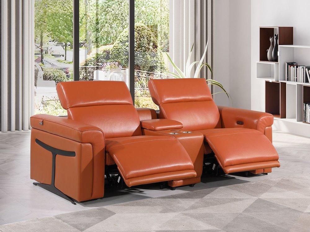 86" Orange and Black Italian Leather Power Reclining Loveseat With Storage