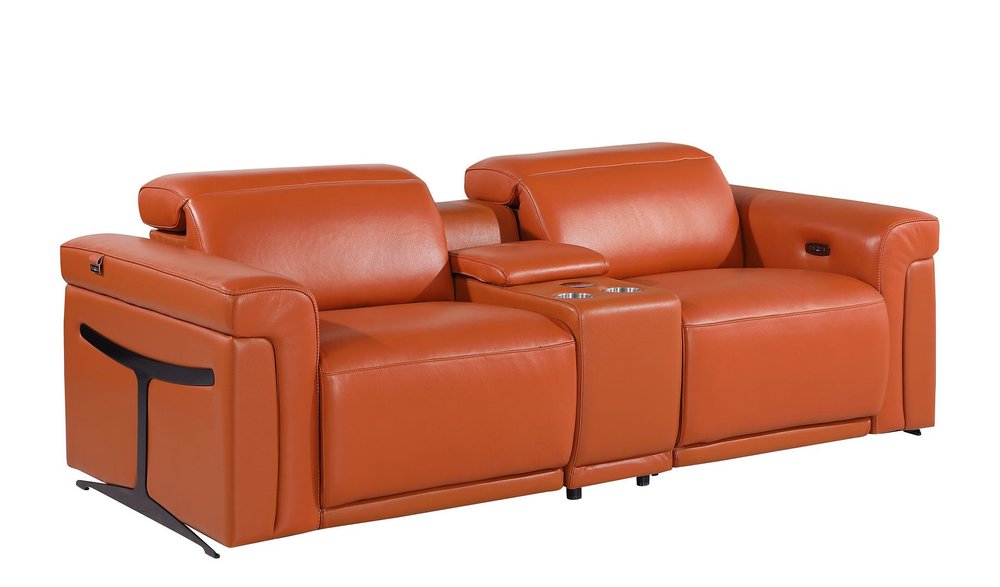 86" Orange and Black Italian Leather Power Reclining Loveseat With Storage