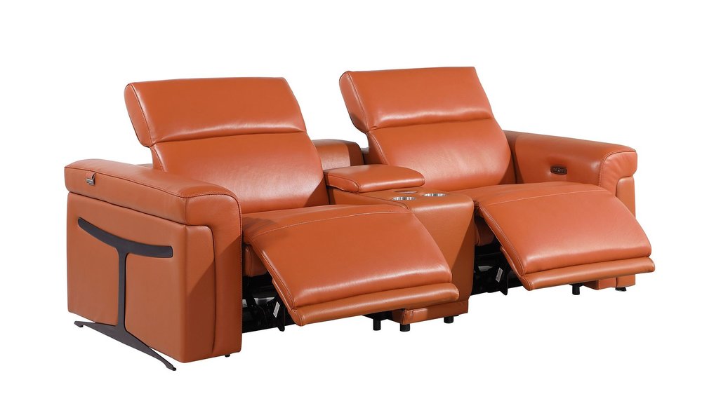 86" Orange and Black Italian Leather Power Reclining Loveseat With Storage