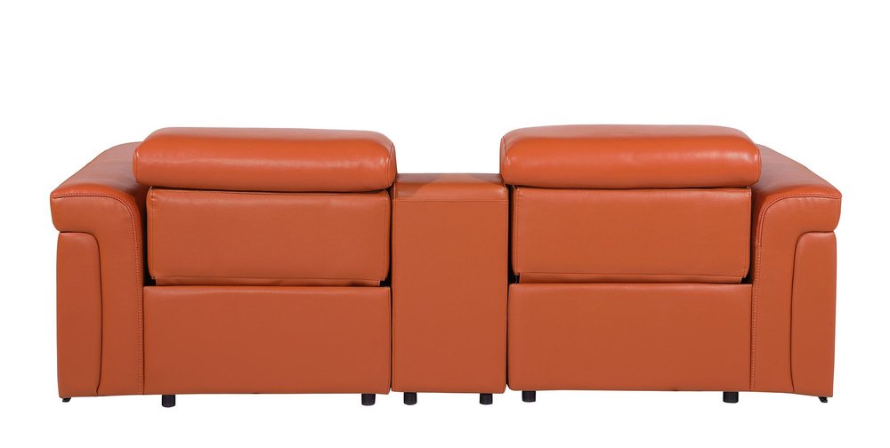 86" Orange and Black Italian Leather Power Reclining Loveseat With Storage
