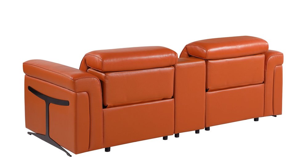 86" Orange and Black Italian Leather Power Reclining Loveseat With Storage