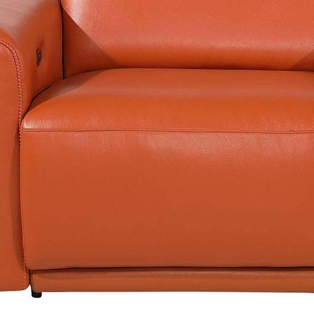 86" Orange and Black Italian Leather Power Reclining Loveseat With Storage