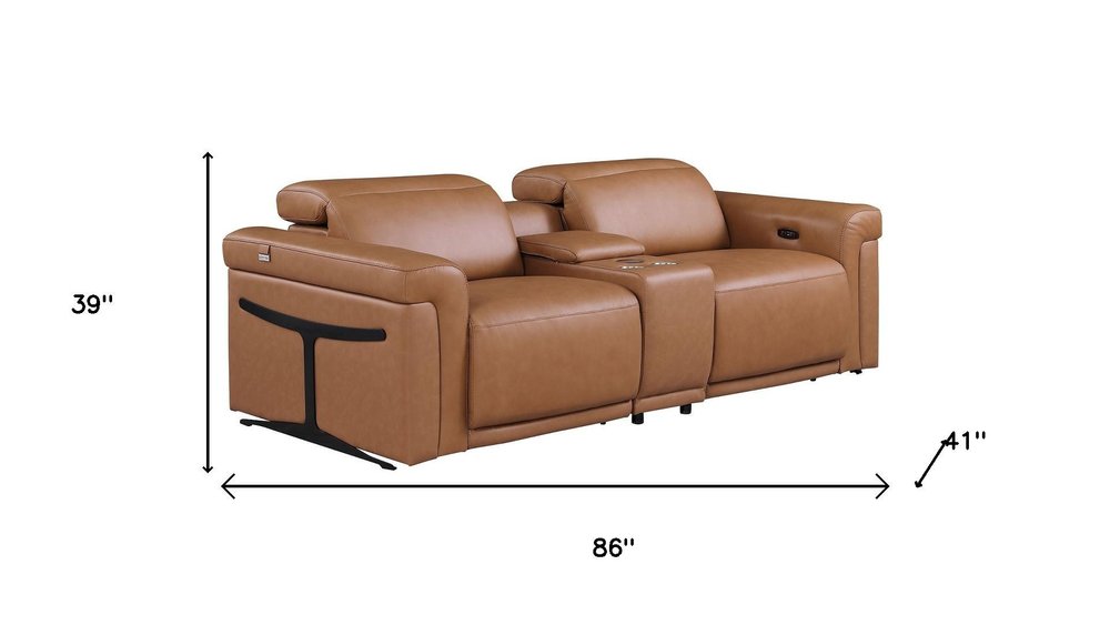 86" Chestnut and Black Italian Leather Power Reclining Loveseat With Storage