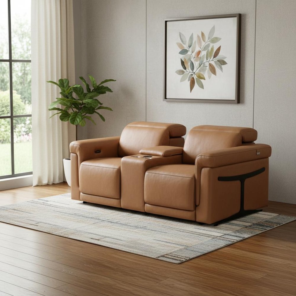 86" Chestnut and Black Italian Leather Power Reclining Loveseat With Storage
