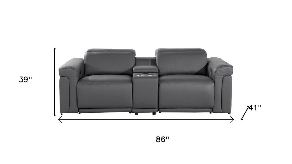 86" Dark Gray and Black Italian Leather Power Reclining Loveseat With Storage
