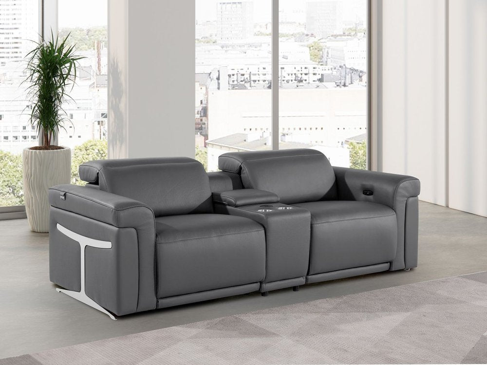 86" Dark Gray and Black Italian Leather Power Reclining Loveseat With Storage
