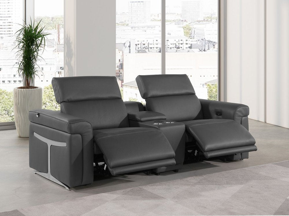 86" Dark Gray and Black Italian Leather Power Reclining Loveseat With Storage