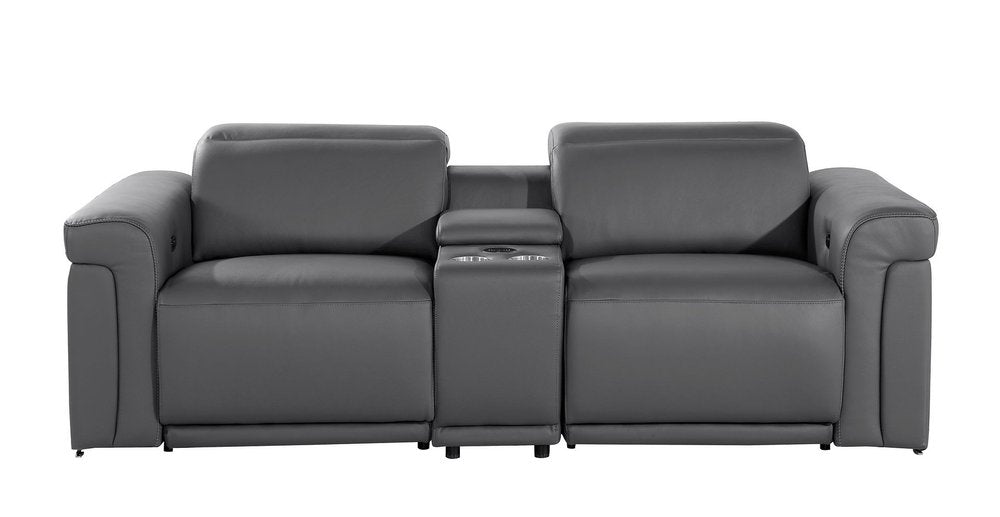 86" Dark Gray and Black Italian Leather Power Reclining Loveseat With Storage