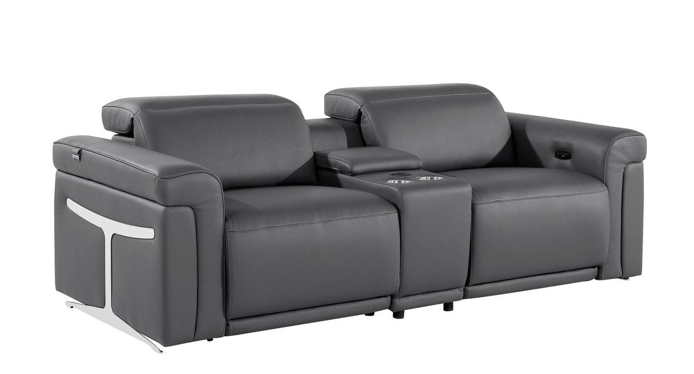86" Dark Gray and Black Italian Leather Power Reclining Loveseat With Storage