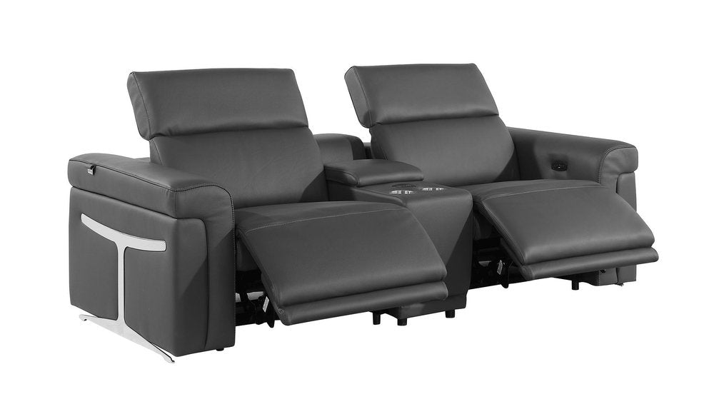 86" Dark Gray and Black Italian Leather Power Reclining Loveseat With Storage