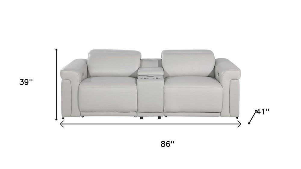 86" Light Gray and Black Italian Leather Power Reclining Loveseat With Storage