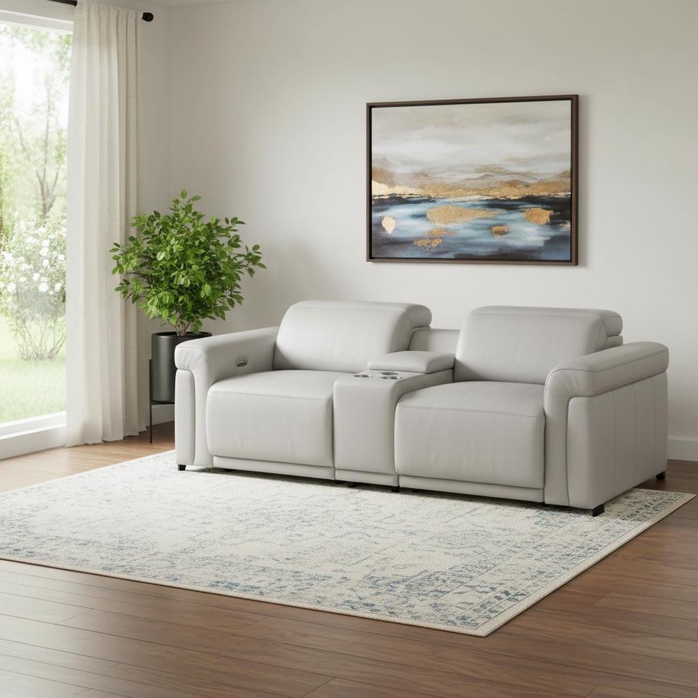 86" Light Gray and Black Italian Leather Power Reclining Loveseat With Storage