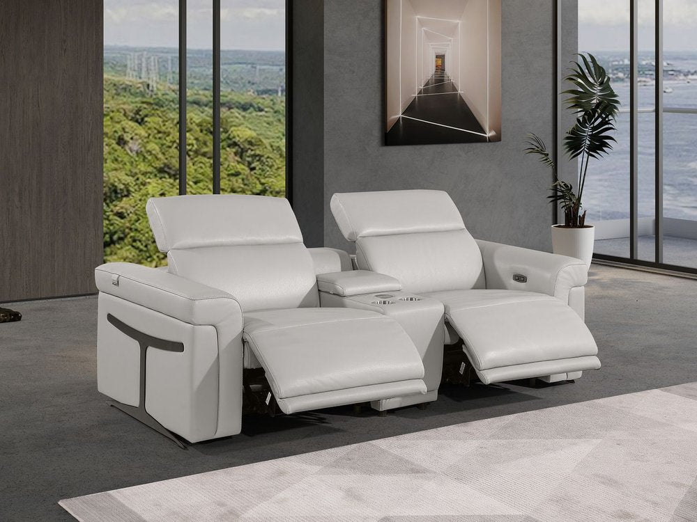 86" Light Gray and Black Italian Leather Power Reclining Loveseat With Storage