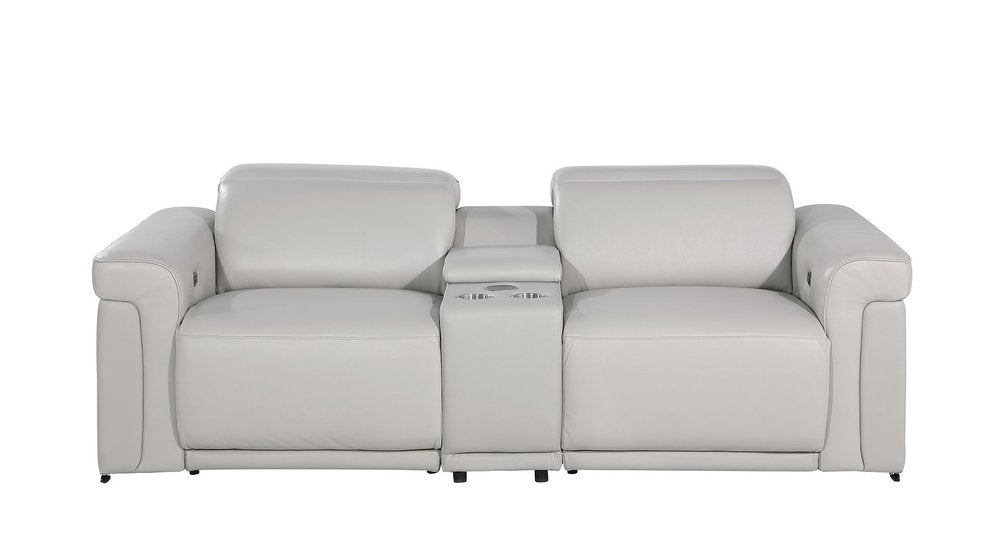 86" Light Gray and Black Italian Leather Power Reclining Loveseat With Storage