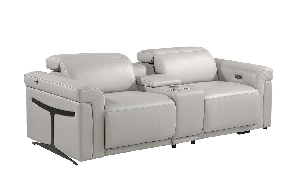 86" Light Gray and Black Italian Leather Power Reclining Loveseat With Storage