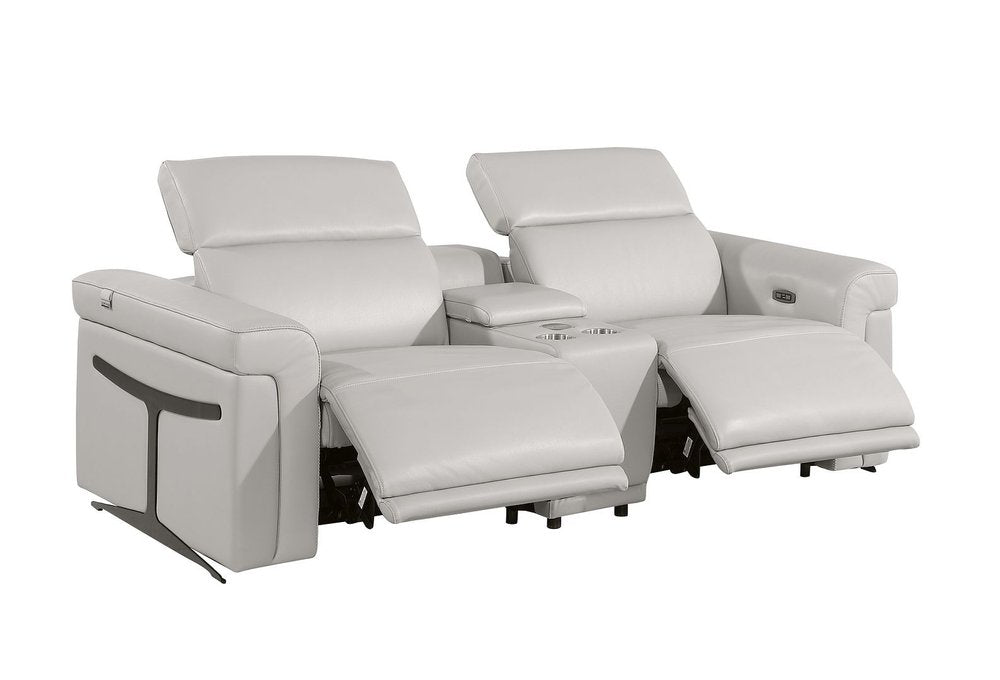 86" Light Gray and Black Italian Leather Power Reclining Loveseat With Storage