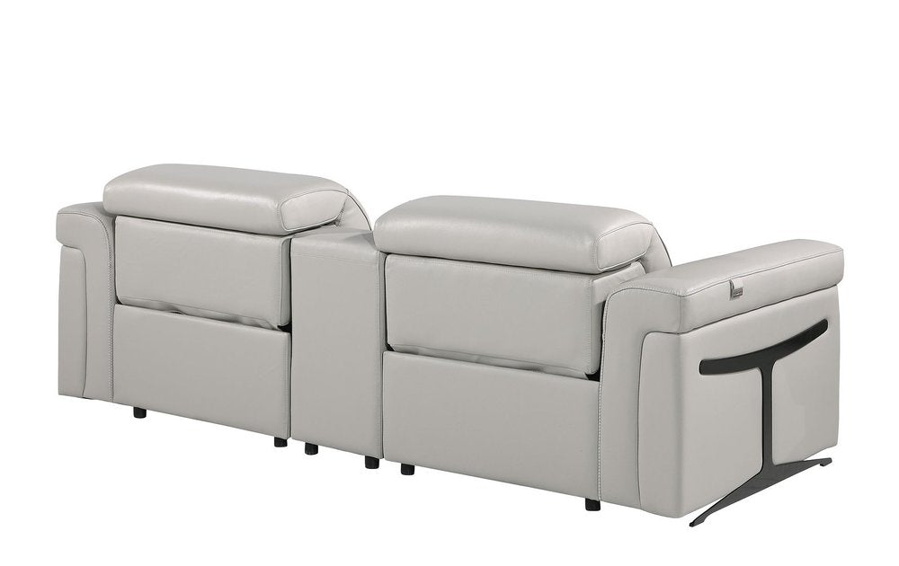 86" Light Gray and Black Italian Leather Power Reclining Loveseat With Storage