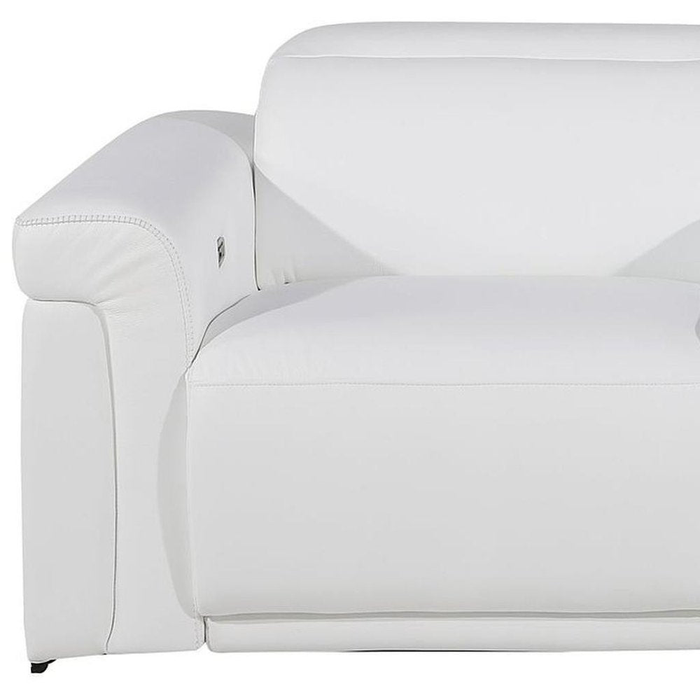 86" White and Black Italian Leather Power Reclining Loveseat With Storage
