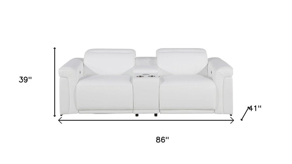 86" White and Black Italian Leather Power Reclining Loveseat With Storage