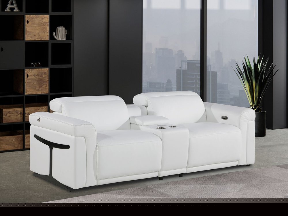 86" White and Black Italian Leather Power Reclining Loveseat With Storage