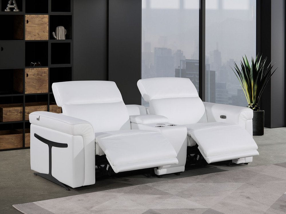 86" White and Black Italian Leather Power Reclining Loveseat With Storage