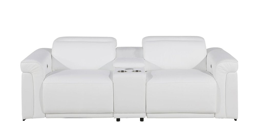 86" White and Black Italian Leather Power Reclining Loveseat With Storage