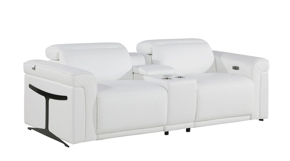 86" White and Black Italian Leather Power Reclining Loveseat With Storage