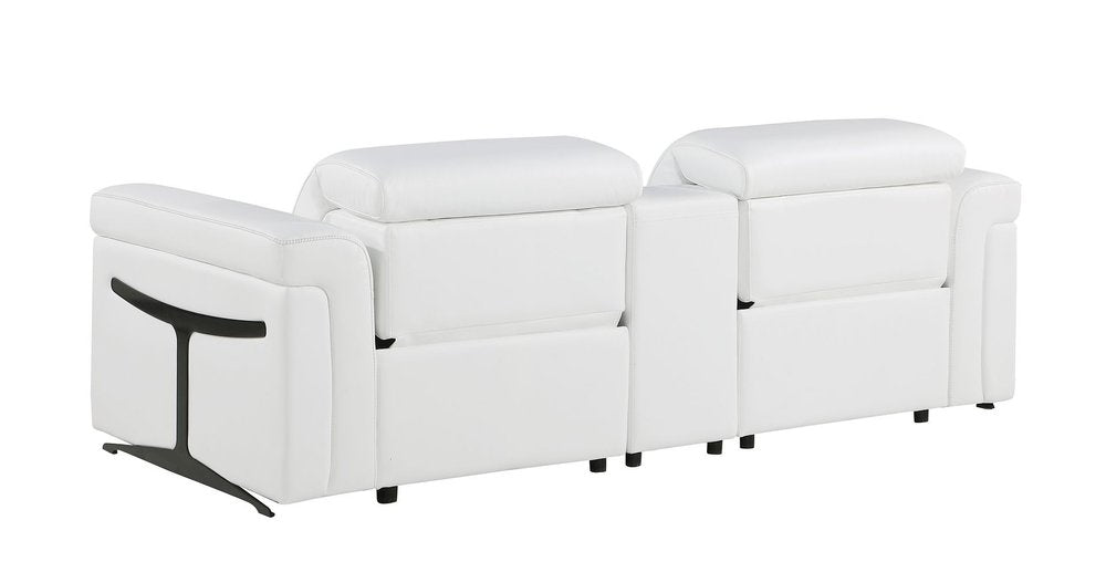 86" White and Black Italian Leather Power Reclining Loveseat With Storage