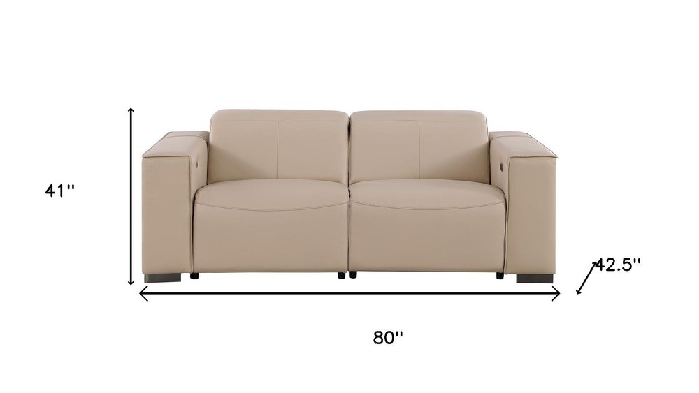 80" Cream and Brown Leather Power Reclining Loveseat