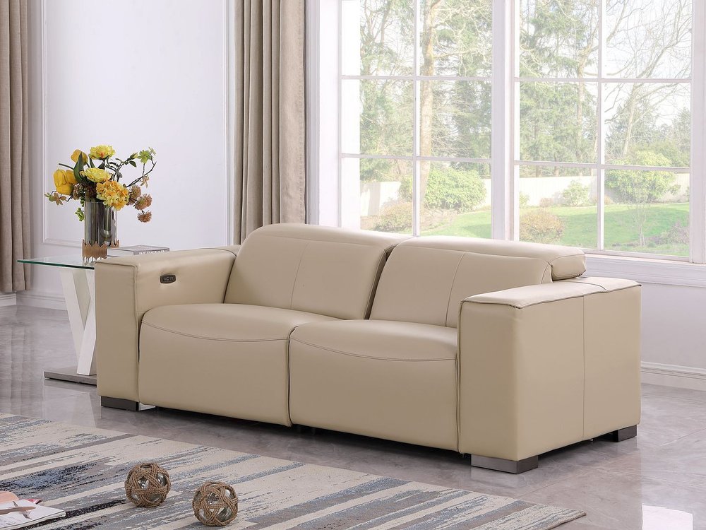 80" Cream and Brown Leather Power Reclining Loveseat