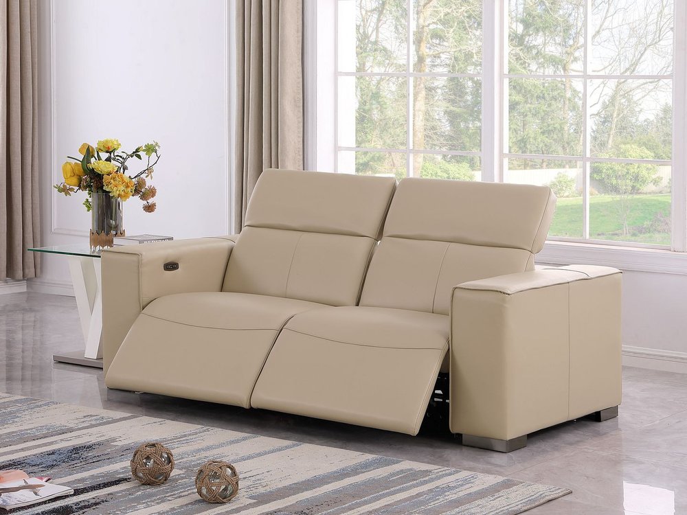 80" Cream and Brown Leather Power Reclining Loveseat