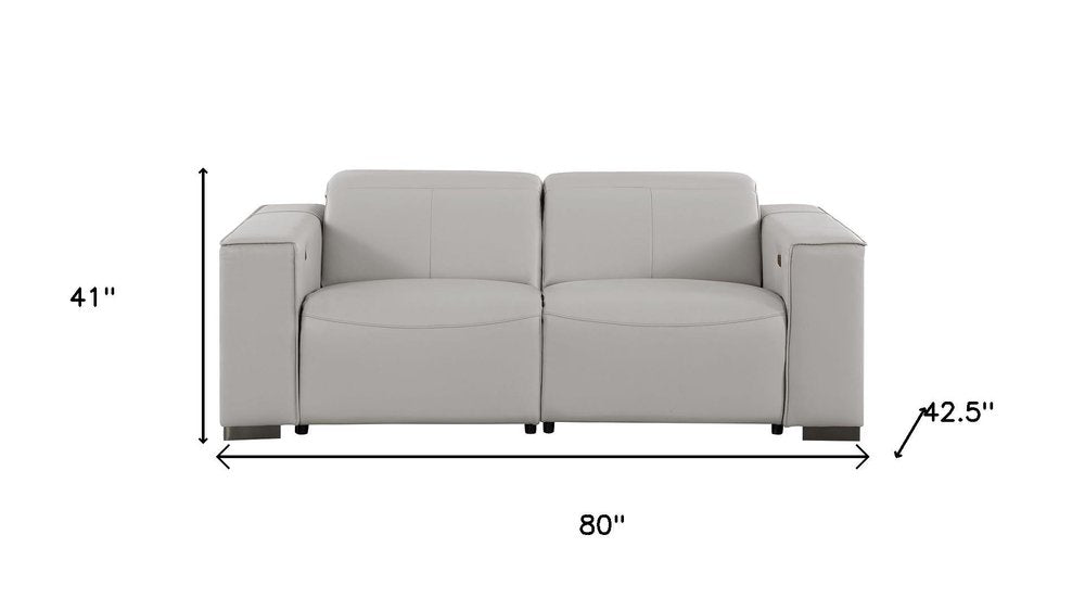 80" Light Gray and Brown Leather Power Reclining Loveseat