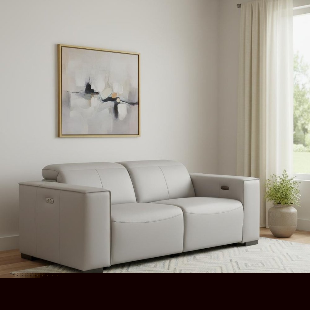 80" Light Gray and Brown Leather Power Reclining Loveseat