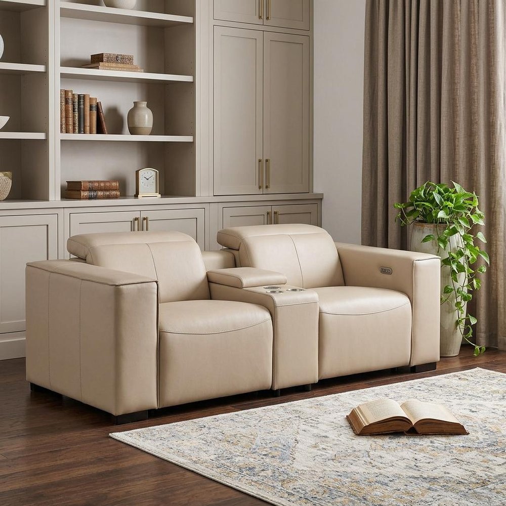 93" Cream and Brown Leather Power Reclining Loveseat With Storage
