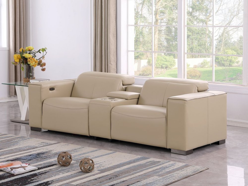 93" Cream and Brown Leather Power Reclining Loveseat With Storage