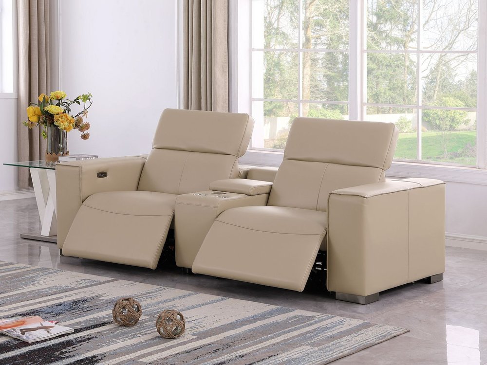 93" Cream and Brown Leather Power Reclining Loveseat With Storage