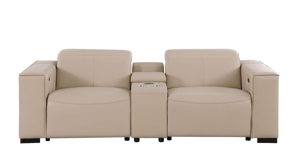 93" Cream and Brown Leather Power Reclining Loveseat With Storage