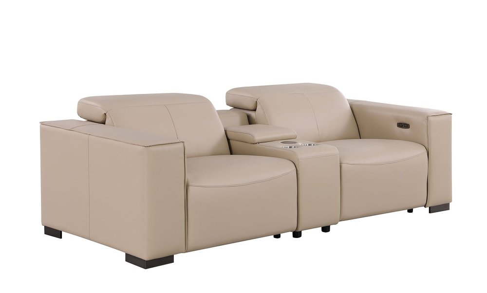 93" Cream and Brown Leather Power Reclining Loveseat With Storage