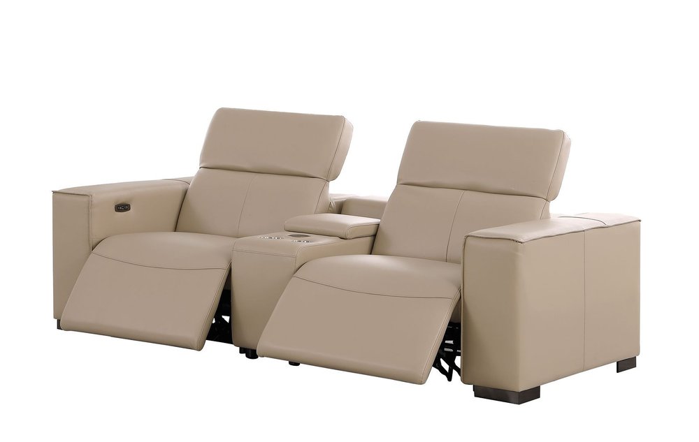93" Cream and Brown Leather Power Reclining Loveseat With Storage