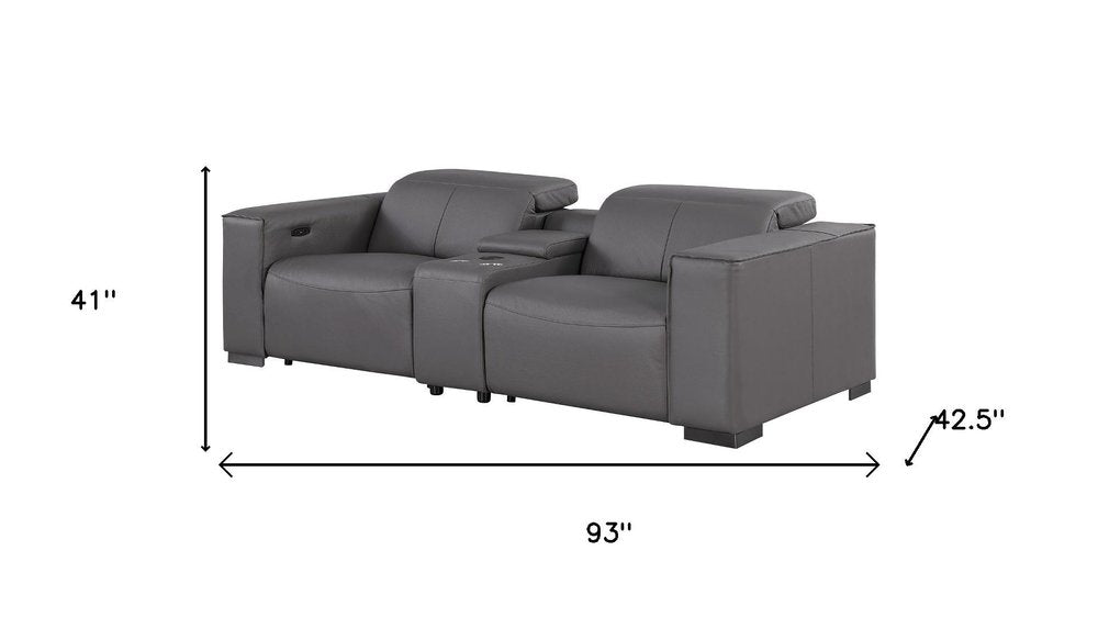 93" Dark Gray and Brown Leather Power Reclining Loveseat With Storage
