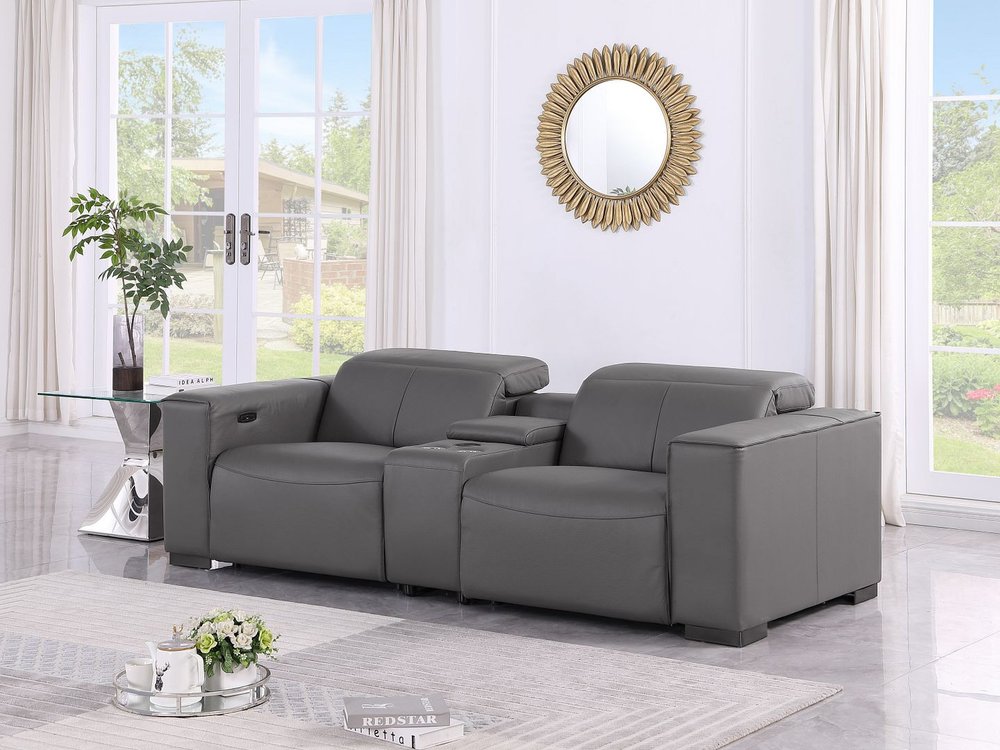 93" Dark Gray and Brown Leather Power Reclining Loveseat With Storage