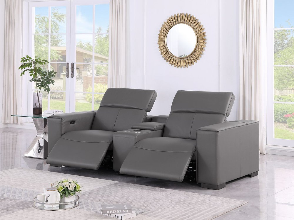 93" Dark Gray and Brown Leather Power Reclining Loveseat With Storage