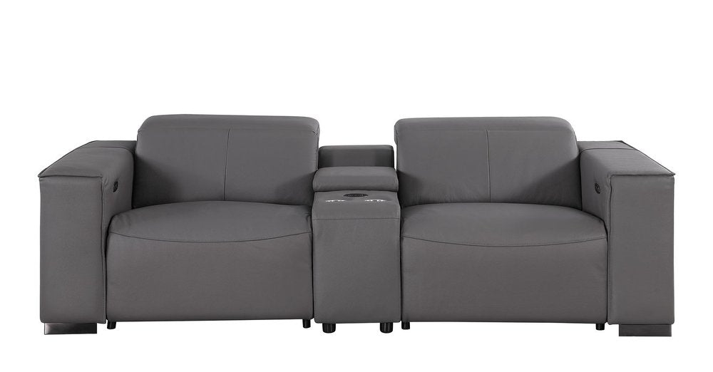 93" Dark Gray and Brown Leather Power Reclining Loveseat With Storage