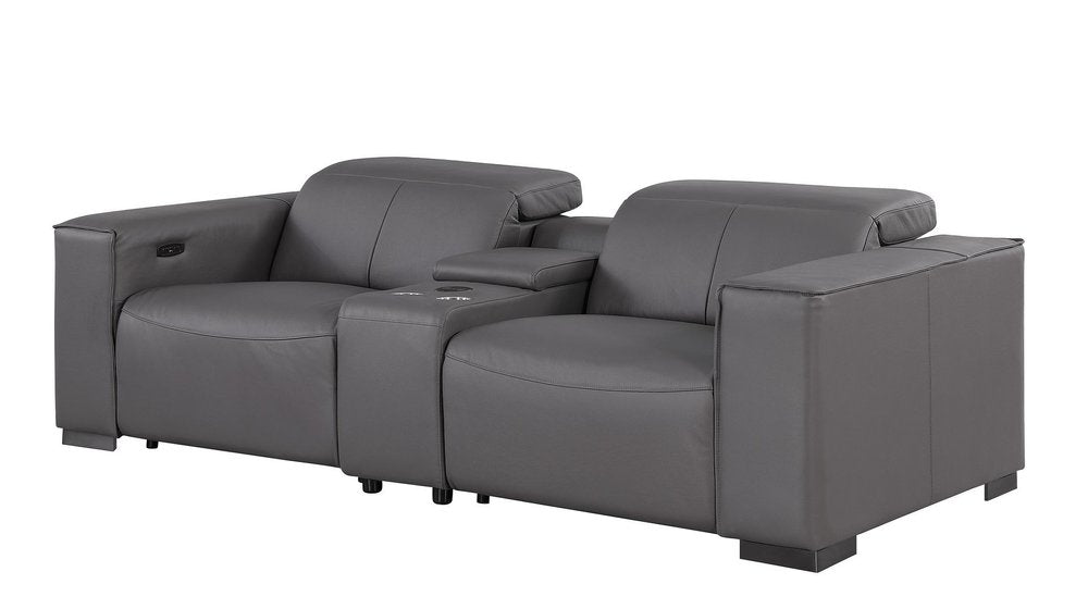 93" Dark Gray and Brown Leather Power Reclining Loveseat With Storage