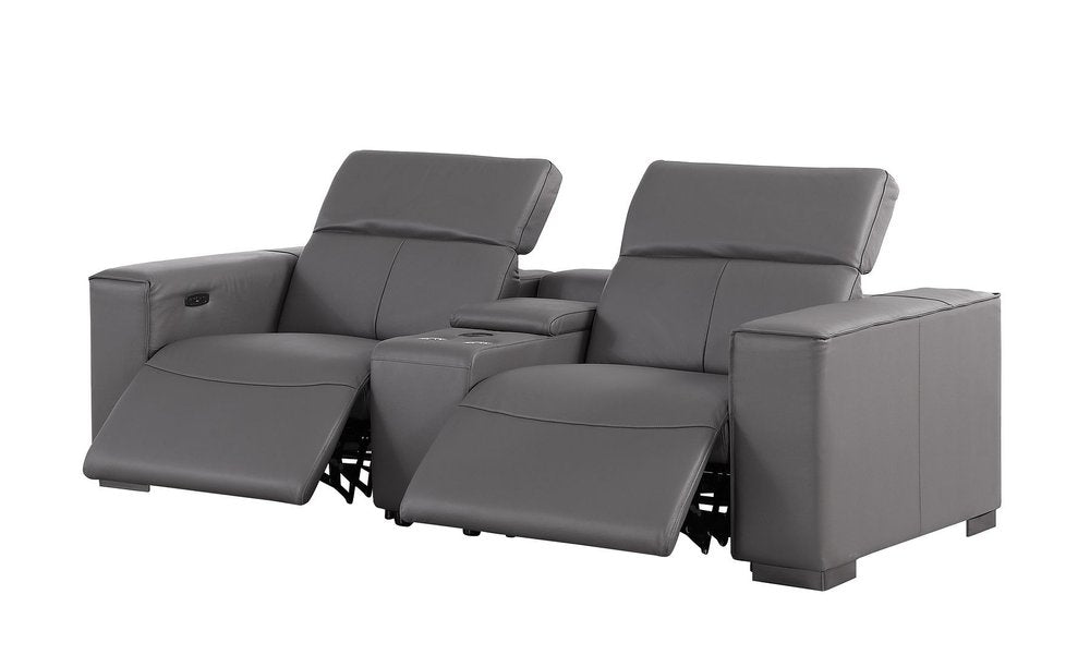 93" Dark Gray and Brown Leather Power Reclining Loveseat With Storage