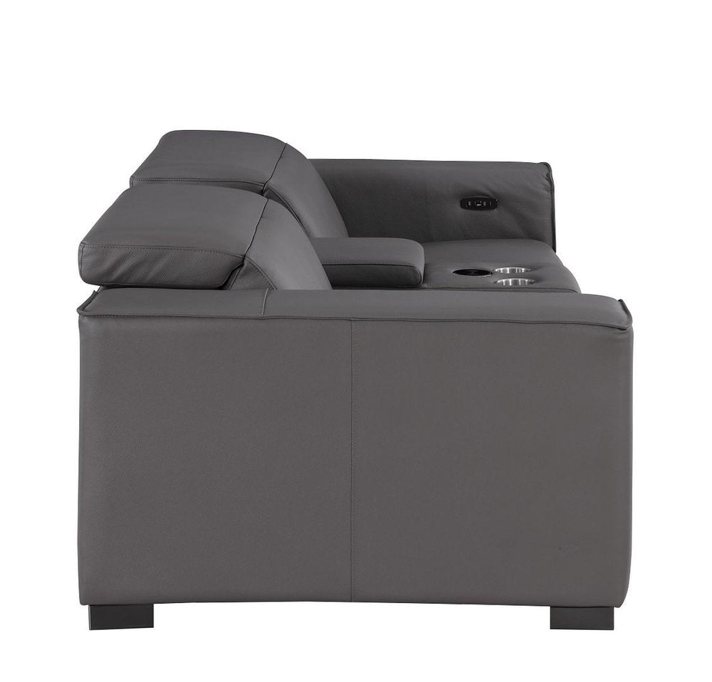 93" Dark Gray and Brown Leather Power Reclining Loveseat With Storage