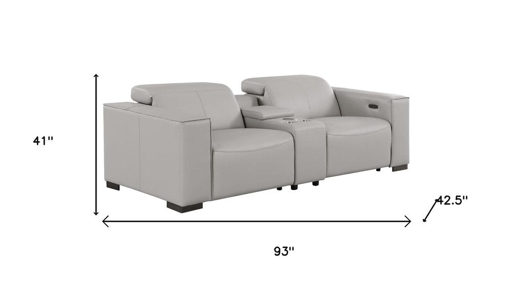 93" Light Gray and Brown Leather Power Reclining Loveseat With Storage