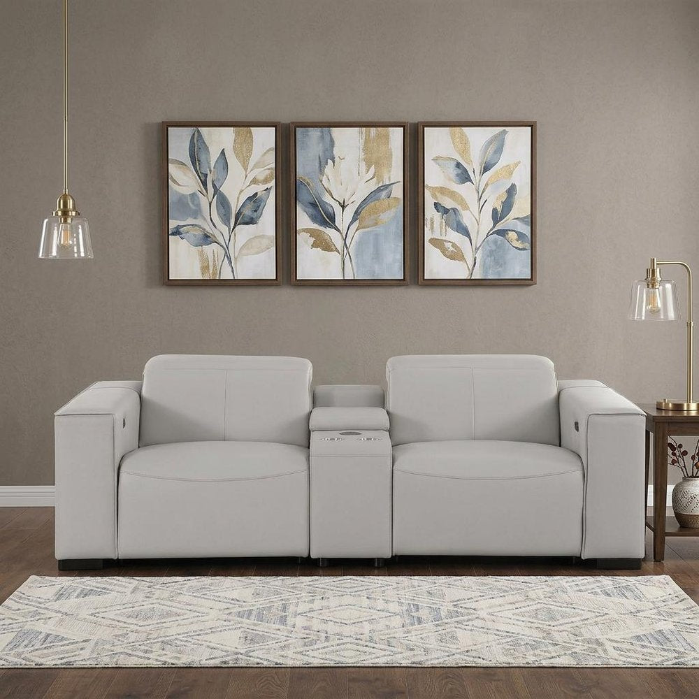 93" Light Gray and Brown Leather Power Reclining Loveseat With Storage