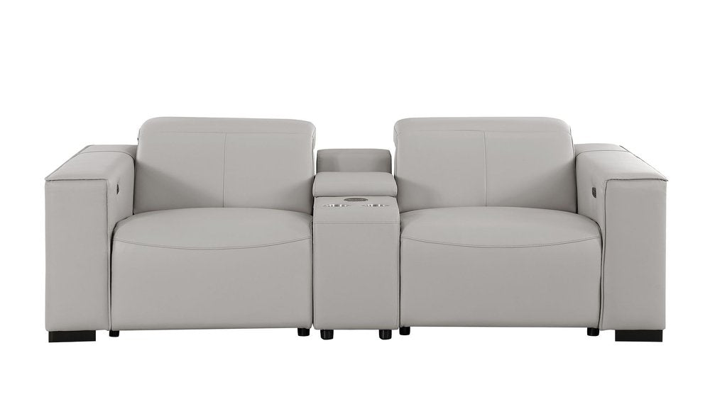 93" Light Gray and Brown Leather Power Reclining Loveseat With Storage